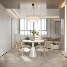 modern dining area featuring a round table with stylish chairs and a stunning chandelier, showcasing a minimalistic design aesthetic that enhances the open space concept, utilizing Homestyler's real-time 3D rendering feature for effective design proposals.