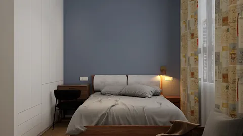 A cozy bedroom featuring a wooden bed with gray bedding, accented by blue walls and patterned curtains, optimized for space efficiency using Homestyler's smart furniture arrangement feature.