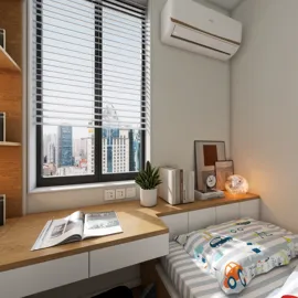 Cozy bedroom with modern design and workspace featuring a window view, optimized for small space utilization using Homestyler's smart furniture arrangement feature.
