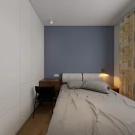 A cozy bedroom featuring a neatly made bed with gray bedding, wooden nightstands, and a soothing blue accent wall, designed for space optimization with smart furniture arrangement using Homestyler's real-time 3D rendering feature.