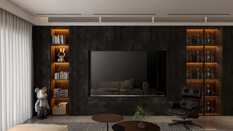 modern living room with a black accent wall showcasing a flat-screen TV, stylish bookshelves with ambient lighting, and contemporary seating, designed using Homestyler's real-time 3D rendering feature.