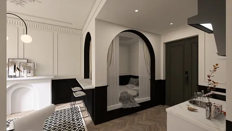 Interior design showcasing a modern lounge area with an archway leading to a cozy nook, featuring a contemporary style focus on open space value, utilizing Homestyler's real-time 3D rendering functionality.