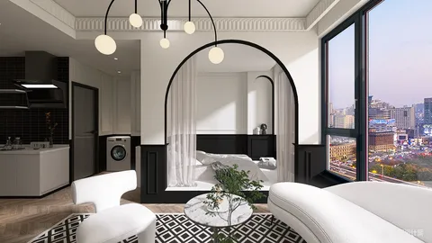 a modern living room featuring elegant furniture arrangement with a large window offering city views, designed in a contemporary style, showcasing the use of Homestyler's real-time 3D rendering feature for quick design previews.