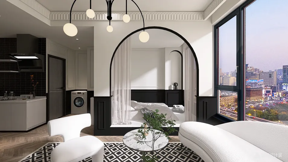 a modern living room featuring elegant furniture arrangement with a large window offering city views, designed in a contemporary style, showcasing the use of Homestyler's real-time 3D rendering feature for quick design previews.