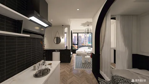 Modern kitchen with open layout designing a stylish living space featuring intricate black and white patterns and a beautiful city view, utilizing Homestyler's real-time 3D rendering for instant design previews.