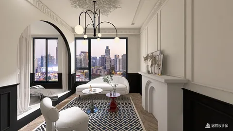 Modern living room interior design featuring elegant furniture arrangement with a sleek chandelier, showcasing a sophisticated black and white color scheme while enhancing space value with Homestyler's real-time 3D rendering feature.