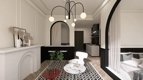 modern living room design featuring furniture arrangement in a minimalist style enhancing small space functionality with Homestyler's real-time 3D rendering feature.