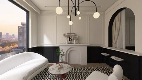 modern living room design featuring a white curved sofa and elegant marble coffee table, showcasing a monochrome style with black and white accents, utilizing Homestyler's real-time 3D rendering feature for accurate visualization.