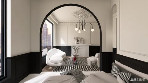 modern living room design featuring an archway with elegant furnishings, showcasing a black and white color scheme, optimized using Homestyler's real-time 3D rendering for design visualization.