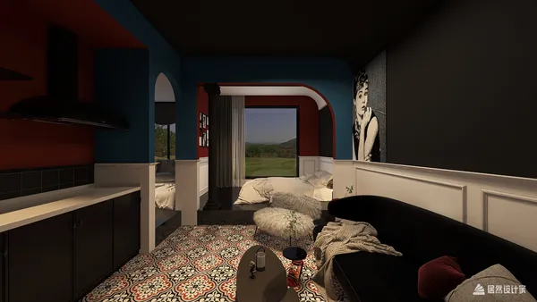 a cozy living room with stylish furniture arrangement featuring a black sofa and patterned rug, designed in a modern eclectic style, showcasing interior decor optimization using Homestyler's real-time 3D rendering feature.