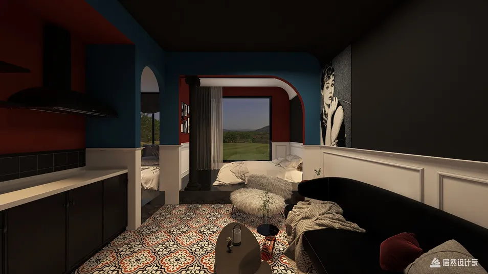 a cozy living room with stylish furniture arrangement featuring a black sofa and patterned rug, designed in a modern eclectic style, showcasing interior decor optimization using Homestyler's real-time 3D rendering feature.