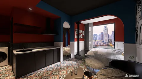 Cozy bedroom design featuring a vibrant blue and red color scheme with modern furnishings and large window showcasing a city view, optimized using Homestyler's real-time 3D rendering for an immersive interior decor experience.
