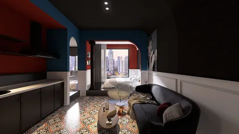 modern living room design showcasing a cozy seating area with a stylish black sofa and intricate patterned flooring, featuring real-time 3D rendering for enhanced visual preview.