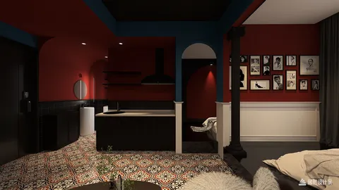 cozy kitchen area showcasing modern furnishings and vibrant colors, incorporating interior decor elements like bold red walls and patterned flooring, featuring Homestyler's real-time 3D rendering for design previews.