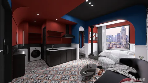 modern living room design featuring a cozy seating area and a laundry nook, utilizing Homestyler's real-time 3D rendering to enhance interior decor visualization.