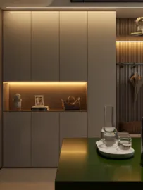 modern cabinetry with ambient lighting showcasing a minimalist design in a cozy entryway interior, featuring Homestyler's real-time 3D rendering capability for project previews.