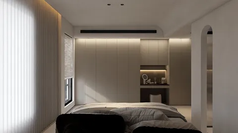 modern bedroom design featuring a cozy bed and sleek furniture arrangement in a minimalist style, showcasing the interior design's aesthetic value; utilizing Homestyler's real-time 3D rendering for an immersive design preview.