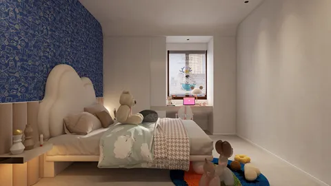 Cozy bedroom layout with a soft bed and playful rug featuring stuffed animals, designed in a modern style, emphasizing space efficiency through Homestyler's real-time 3D rendering feature.