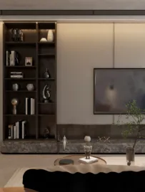 modern bookshelf design showcasing decorative items and TV display with low-profile seating area, enhancing living room functionality and aesthetics using Homestyler's real-time 3D rendering feature.