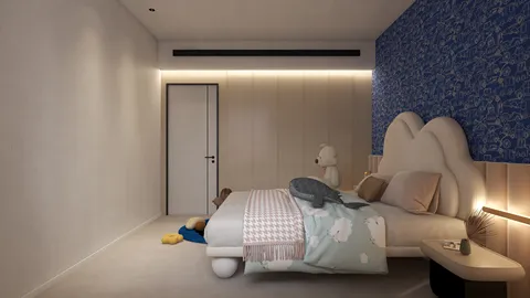 cozy bedroom featuring a stylish bed with a unique headboard and decorative wall, designed with a modern aesthetic to optimize interior space, using Homestyler's real-time 3D rendering functionality for an accurate renovation preview.