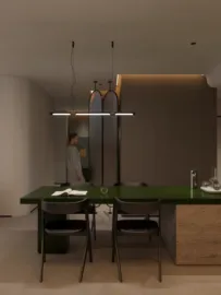 modern kitchen design featuring a green dining table arranged for a dinner setting, showcasing contemporary style and spatial optimization using Homestyler's real-time 3D rendering for design visualization.