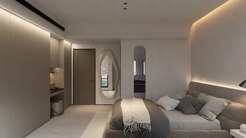 modern bedroom design featuring a stylish bed arrangement with neutral tones, utilizing Homestyler's real-time 3D rendering for a quick visual preview of the interior decor.