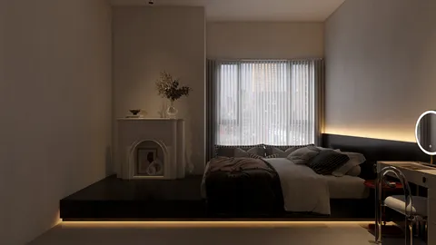 cozy bedroom with comfortable bed and decorative fireplace featuring modern minimalist style that enhances spatial value, showcasing Homestyler's real-time 3D rendering functionality.