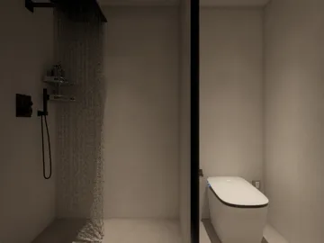 dark bathroom design featuring a modern shower and toilet layout, emphasizing minimalist style and efficient space utilization using Homestyler's real-time 3D rendering feature.