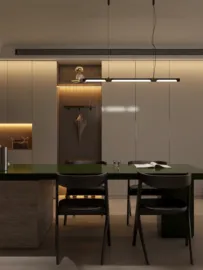 Modern kitchen interior featuring a sleek green island with minimalist black chairs, complemented by warm ambient lighting. Ideal for showcasing smart furniture arrangement using Homestyler's 3D rendering feature.