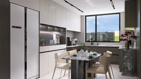modern kitchen design showcasing a contemporary layout optimized for small spaces with smart furniture arrangement, utilizing Homestyler's real-time 3D rendering feature.