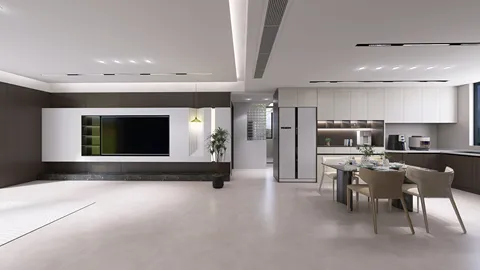 modern living room interior design featuring a spacious open layout with smart furniture arrangement and a stylish dining area, showcasing Homestyler's smart furniture layout functionality.