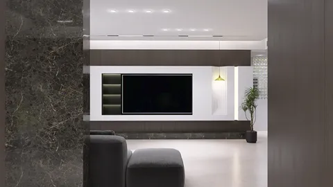 modern living room with sleek entertainment unit and stylish decor, featuring real-time 3D rendering for enhanced interior design preview using Homestyler.