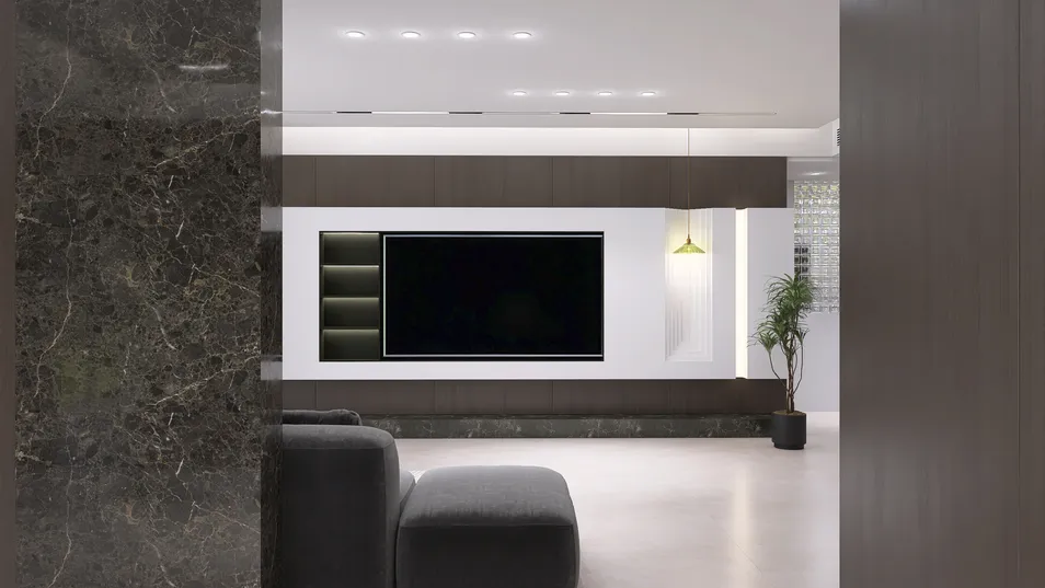 modern living room with sleek entertainment unit and stylish decor, featuring real-time 3D rendering for enhanced interior design preview using Homestyler.
