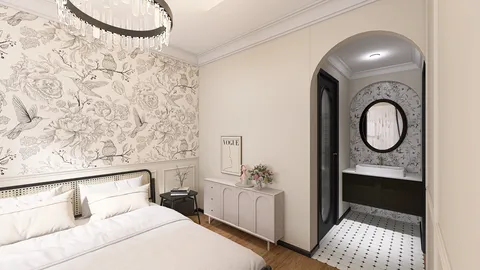 bedroom with floral wallpaper and stylish furnishings showcasing modern interior design principles, featuring Homestyler's real-time 3D rendering for accurate previewing of space.