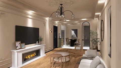 a cozy living room with modern furniture arrangement featuring a fireplace, designed in a contemporary style, showcasing a harmonious interior decor for house renovations, utilizing Homestyler's real-time 3D rendering capability.