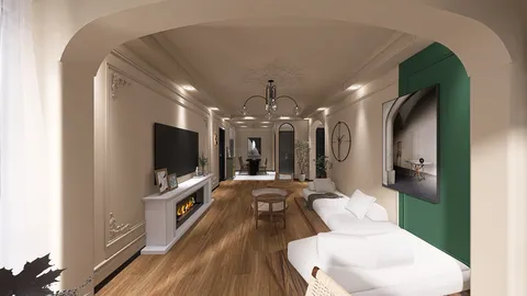 Living room featuring a modern sofa arrangement with an elegant chandelier, embracing a classic style with warm wooden flooring, showcasing interior design concepts using Homestyler's real-time 3D rendering feature.