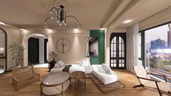 spacious living room with modern furniture arrangement featuring a cozy sofa and elegant decor in a contemporary style, showcasing Homestyler's real-time 3D rendering for interior design optimization.