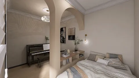cozy bedroom featuring a piano and a stylish study area in a minimalist design, optimized for small space utilization with Homestyler's real-time 3D rendering feature