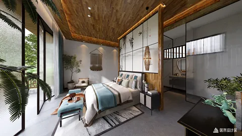 cozy bedroom with modern furniture arrangement in a contemporary style featuring warm wood elements and large windows for natural light, showcasing Homestyler's real-time 3D rendering feature.