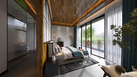 modern bedroom design featuring wooden ceiling and large windows with scenic views, utilizing Homestyler's real-time 3D rendering for an immersive visualization experience.