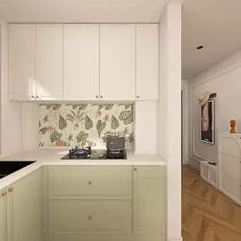 modern kitchen featuring green cabinets and floral backsplash design, utilizing Homestyler's real-time 3D rendering for efficient interior visualization and aesthetic appeal.