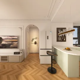 Modern kitchen with sleek countertops and wooden flooring, featuring a minimalist design and open layout, ideal for small space optimization using Homestyler's smart furniture arrangement feature.