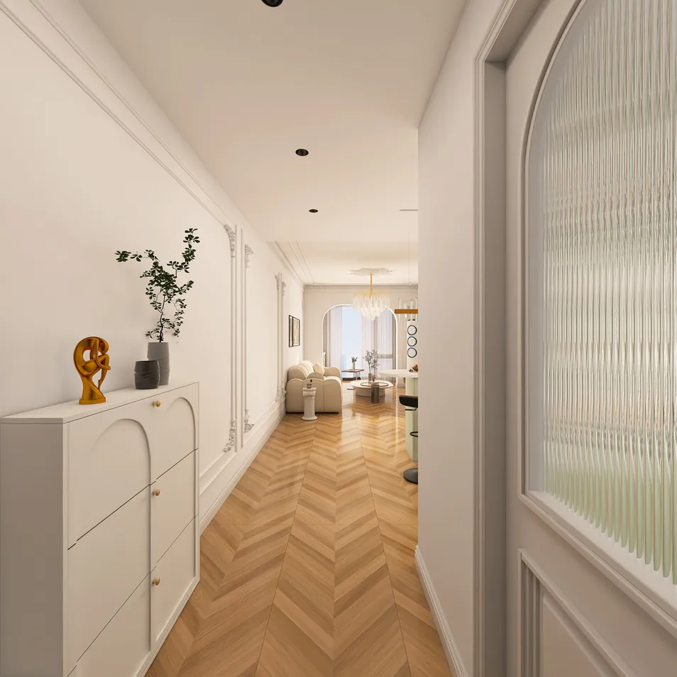 hallway with a minimalist design featuring a white console table and a vase, optimizing space for elegance and functionality using Homestyler's real-time 3D rendering feature.