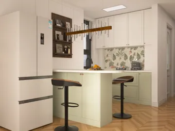modern kitchen design featuring an island with bar stools, utilizing smart furniture arrangement for small spaces, showcasing Homestyler's real-time 3D rendering functionality.