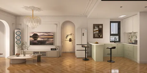 Modern kitchen design featuring a green island with bar stools, incorporating real-time 3D rendering for effective visualization in a contemporary style, showcasing the open space value.