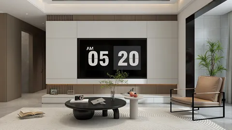 modern living room design featuring a sleek TV wall, stylish armchair, and round coffee table, showcasing interior decor with minimalist aesthetics; utilizing Homestyler's real-time 3D rendering feature for detailed visualization