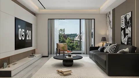 modern living room design featuring a sleek black sofa and oversized wall-mounted TV, showcasing a contemporary style and spacious layout, utilizing Homestyler's real-time 3D rendering feature.