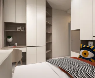 Modern bedroom design featuring minimalist cabinetry and workspace optimization, showcasing smart furniture arrangement for efficient space utilization, highlighting Homestyler's real-time 3D rendering capability.
