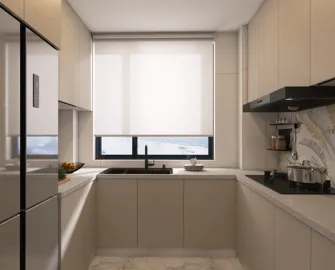 modern kitchen design featuring a sleek layout and neutral colors with real-time 3D rendering for interior decor optimization.