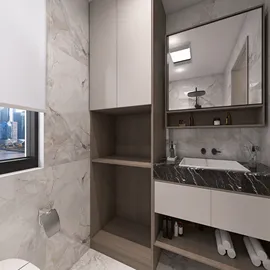Modern bathroom vanity with marble countertops and open shelving, featuring smart furniture arrangement for optimized space, utilizing Homestyler's 3D rendering feature.